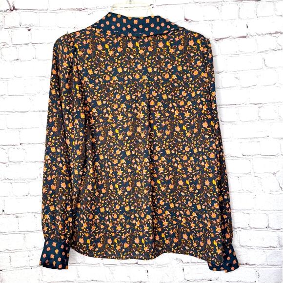 DR2 Wms Med Navy Blue Floral LS Button Up Blouse Dk. Cottagecore Career - Picture 2 of 9